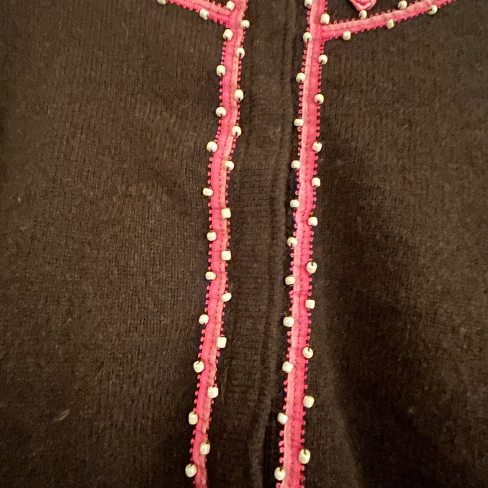 Chocolate brown cardigan with pink sewn on details. Hidden snap closure - Picture 3 of 3